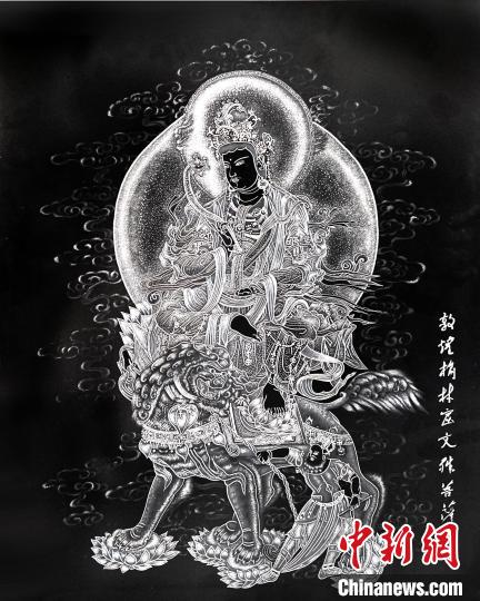 圖為朱增平創(chuàng)作的鍥金畫《敦煌榆林窟文殊菩薩》。(資料圖) 受訪者供圖