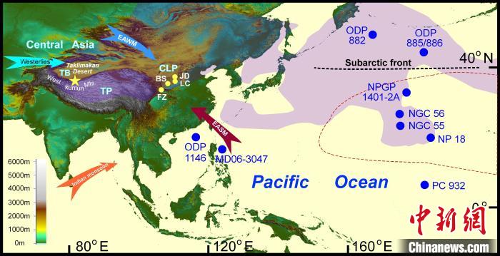 塔里木沙塵傳輸至北太平洋的路徑(陰影區(qū))及西昆侖山黃土巖芯位置(五角星)?！≈锌圃呵嗖馗咴?供圖