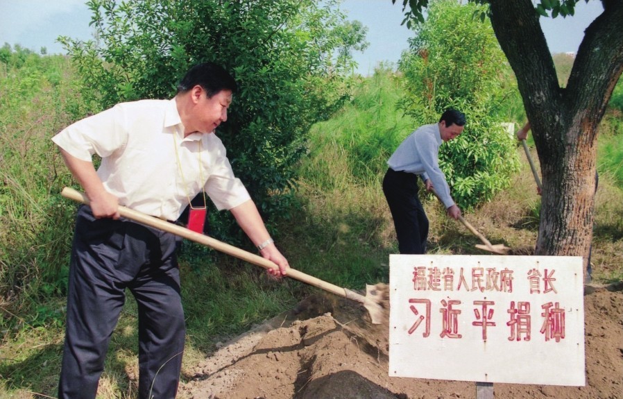 2001年10月，習(xí)近平在龍巖市長汀縣調(diào)研水土流失治理工作，在河田世紀(jì)生態(tài)園為樹培土。圖源：《習(xí)近平在福建（下）》