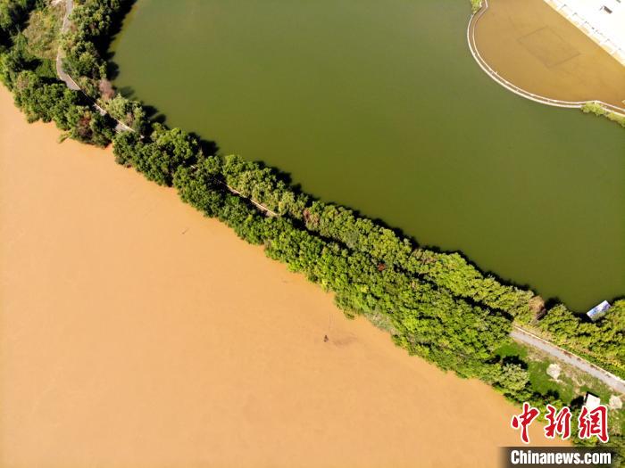 圖為2020年9月3日航拍黃河蘭州段濕地公園現(xiàn)黃河“鴛鴦鍋”。(資料圖) 高瑩 攝